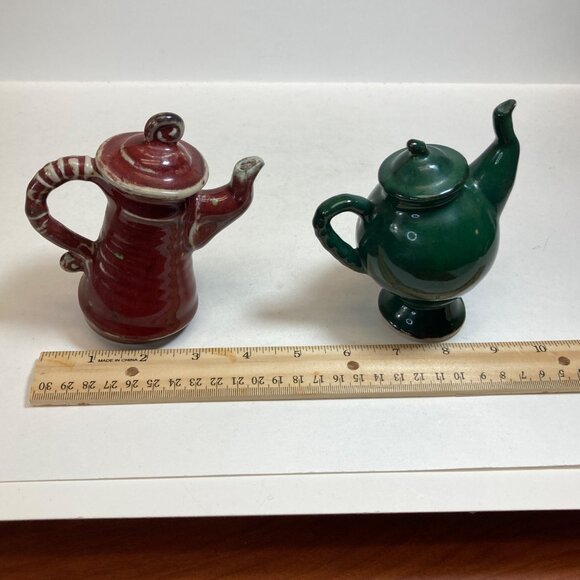 Handmade Ceramic Decorative Funky Teapots Green Maroon Signed Artisan Pottery - Picture 12 of 13